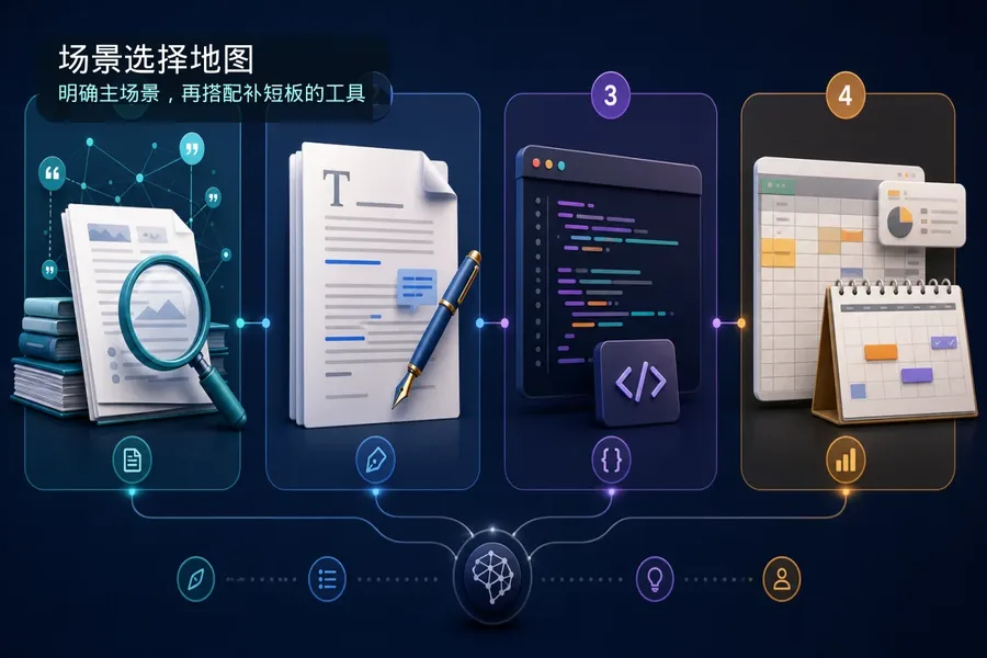 按使用场景选择 AI 工具示意图